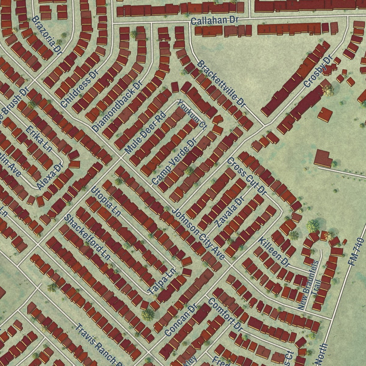 Close-up of the map of Travis Ranch, Texas print showing street and building detail