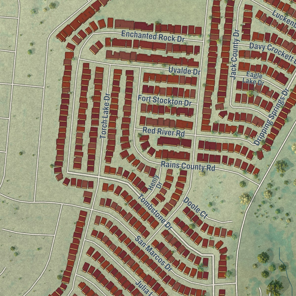 Second close-up of the map of Travis Ranch, Texas print showing more streets and buildings