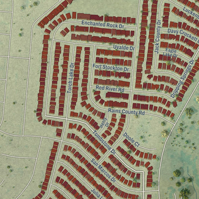 Second close-up of the map of Travis Ranch, Texas print showing more streets and buildings