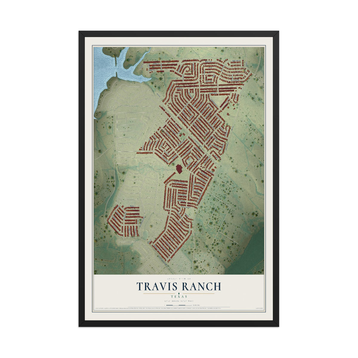 Map of Travis Ranch, Texas, 12 x 18 inch print in a black wood frame