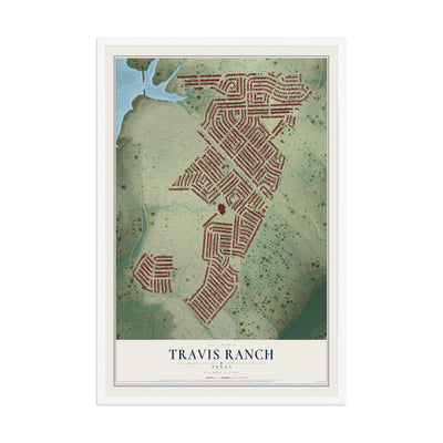 Map of Travis Ranch, Texas, 12 x 18 inch print in a white wood frame