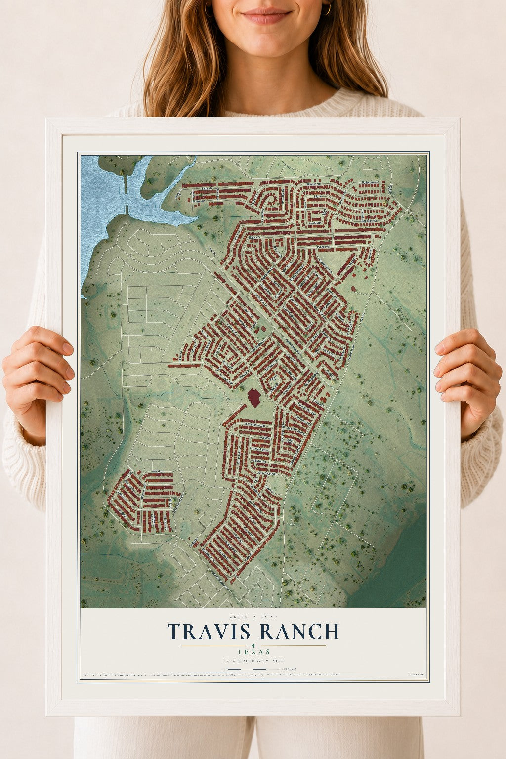 Map of Travis Ranch, Texas, 18 x 24 inch print in a white wood frame