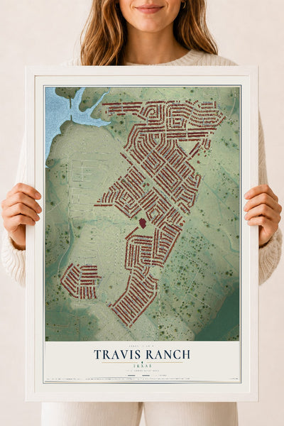 Map of Travis Ranch, Texas, 18 x 24 inch print in a white wood frame
