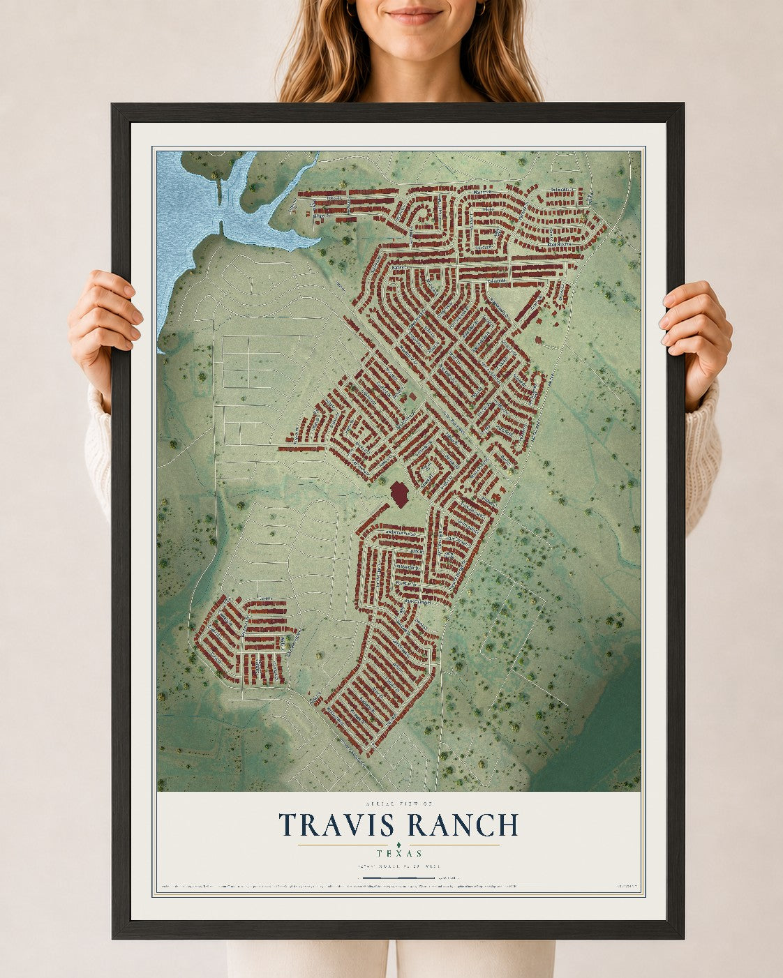 Map of Travis Ranch, Texas, 24 x 36 inch print in a black wood frame
