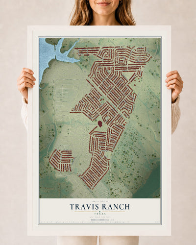 Map of Travis Ranch, Texas, 24 x 36 inch print in a white wood frame