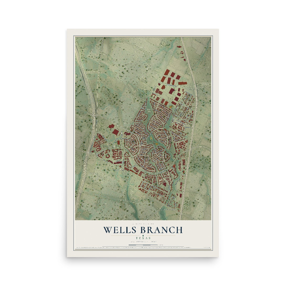 Map of Wells Branch, Texas, 12 x 18 inch unframed archival matte print