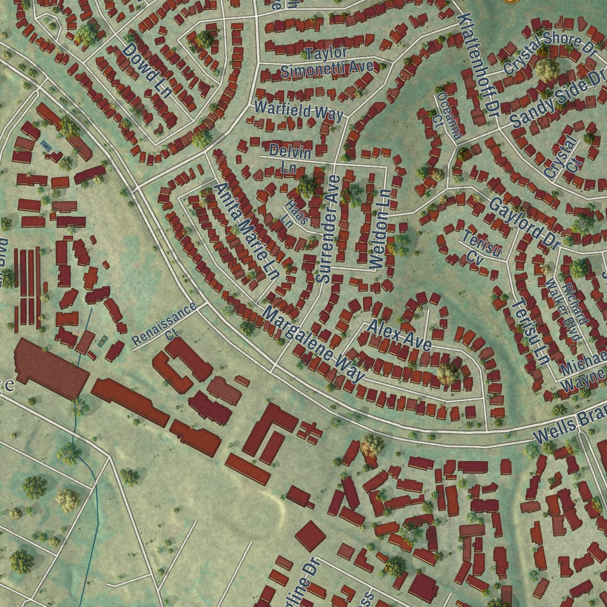 Close-up of the map of Wells Branch, Texas print showing street and building detail