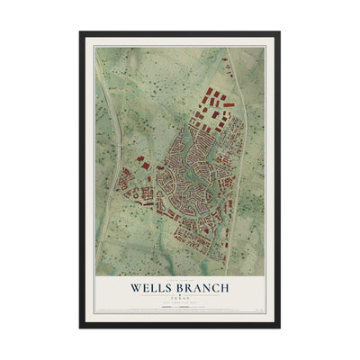 Map of Wells Branch, Texas, 12 x 18 inch print in a black wood frame