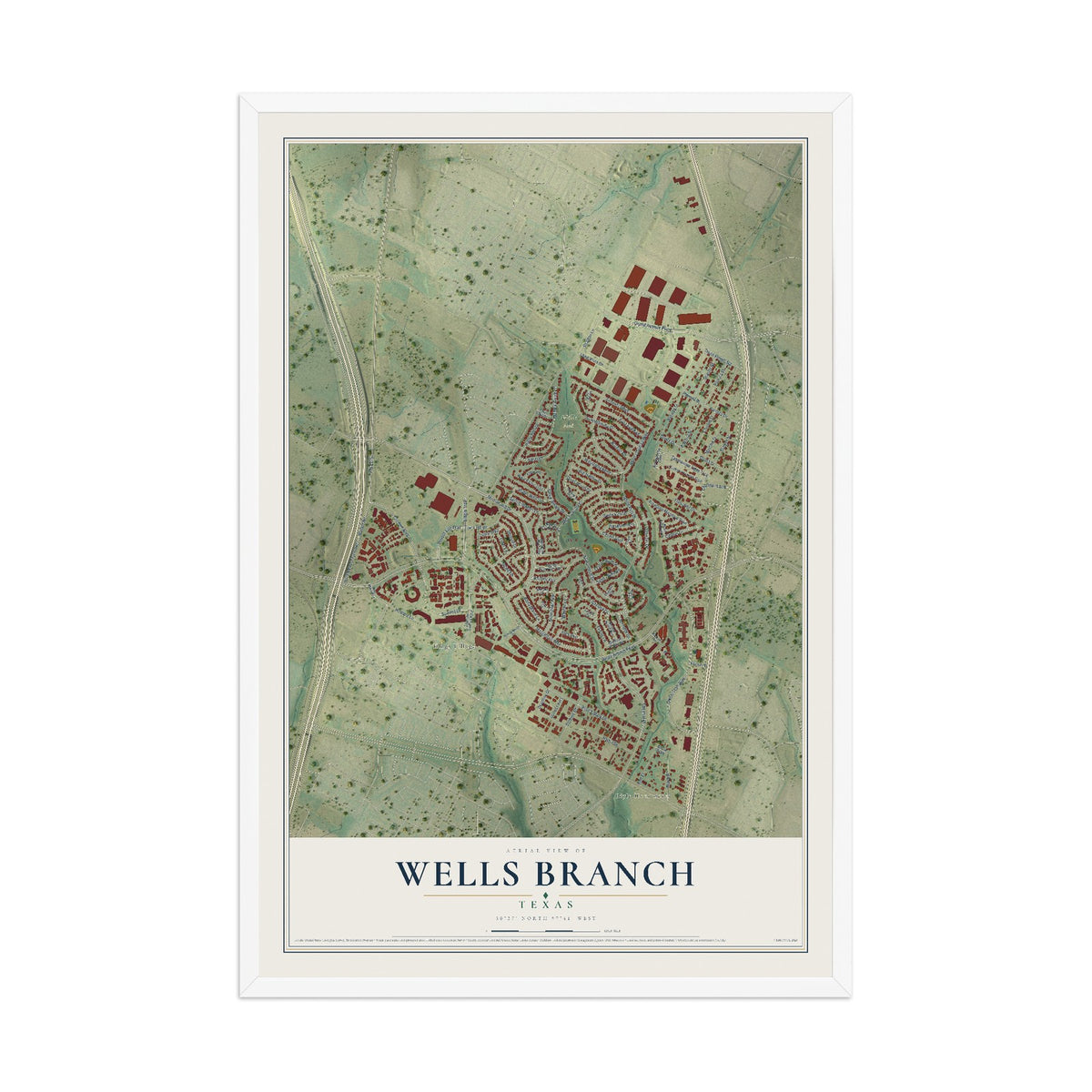 Map of Wells Branch, Texas, 12 x 18 inch print in a white wood frame