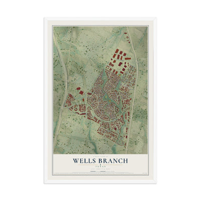 Map of Wells Branch, Texas, 12 x 18 inch print in a white wood frame