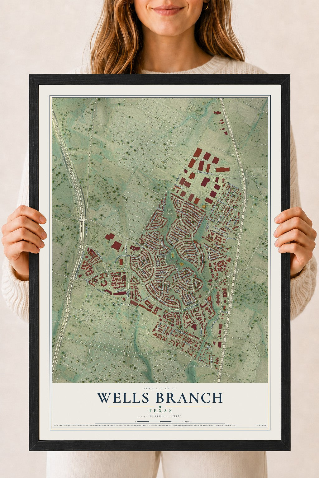Map of Wells Branch, Texas, 18 x 24 inch print in a black wood frame