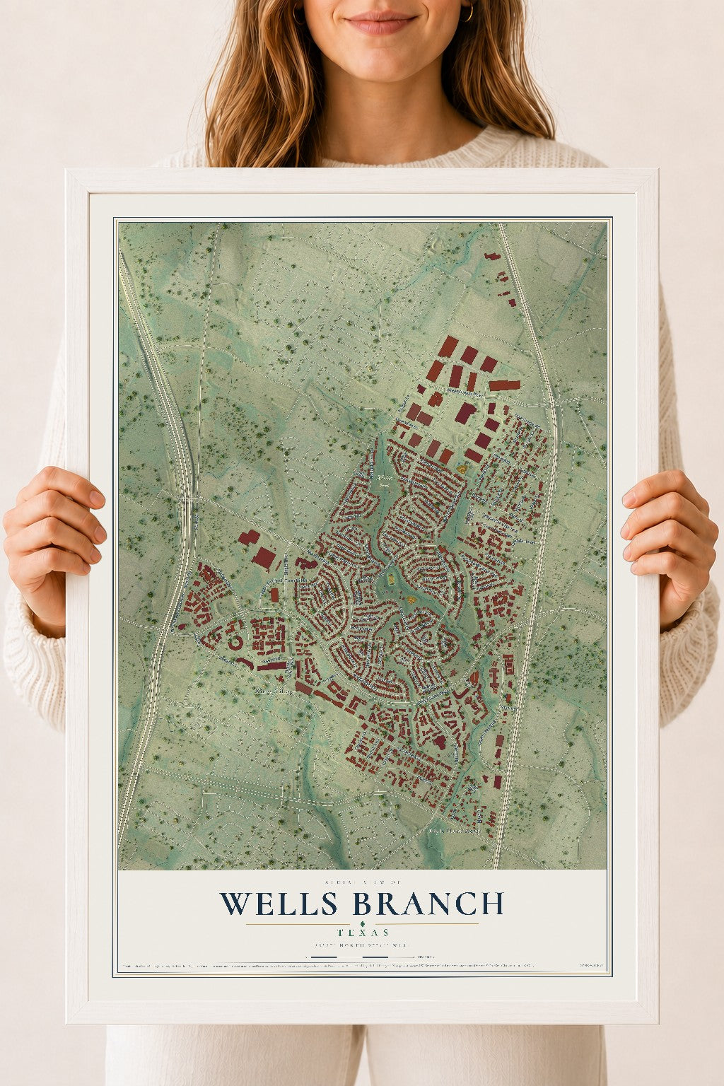 Map of Wells Branch, Texas, 18 x 24 inch print in a white wood frame