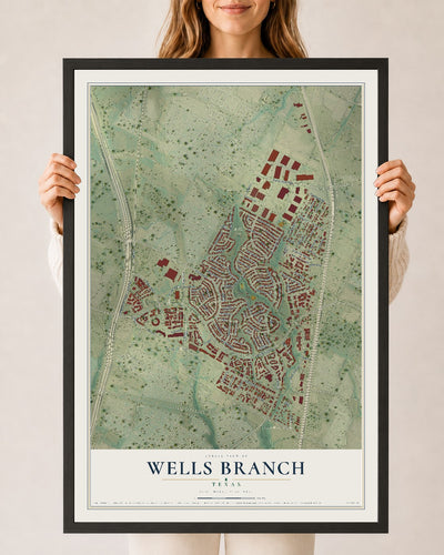 Map of Wells Branch, Texas, 24 x 36 inch print in a black wood frame