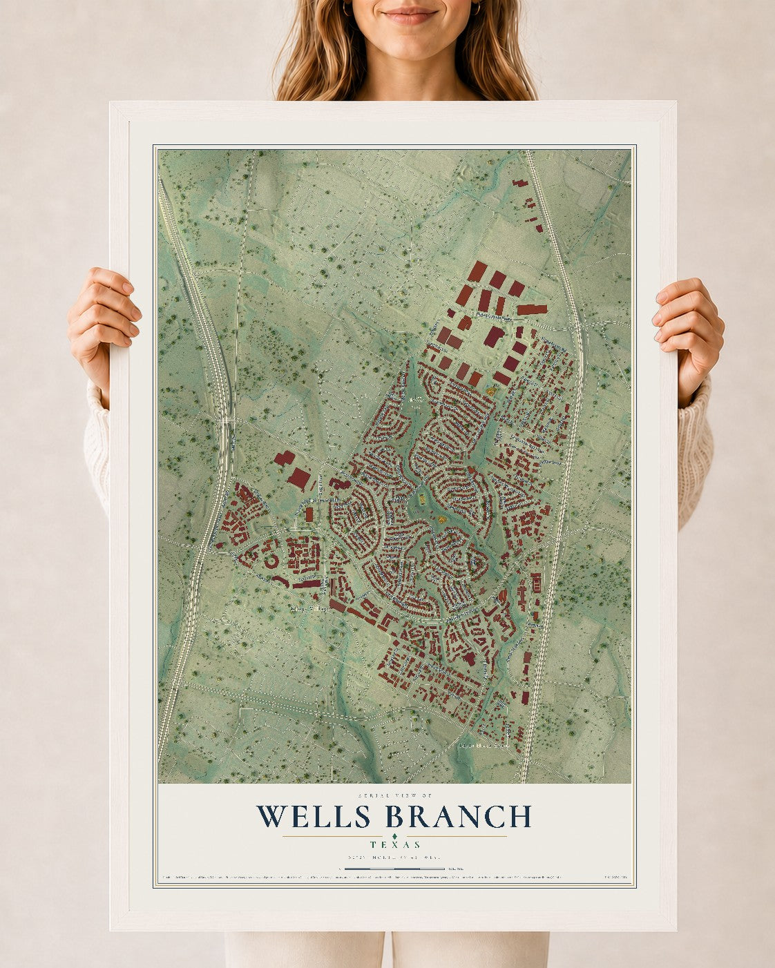 Map of Wells Branch, Texas, 24 x 36 inch print in a white wood frame