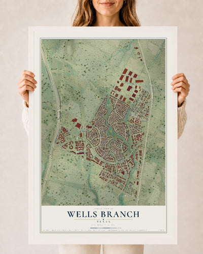 Map of Wells Branch, Texas, 24 x 36 inch print in a white wood frame