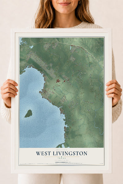 Map of West Livingston, Texas, 18 x 24 inch print in a white wood frame