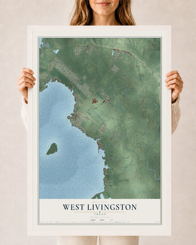 Map of West Livingston, Texas, 24 x 36 inch print in a white wood frame