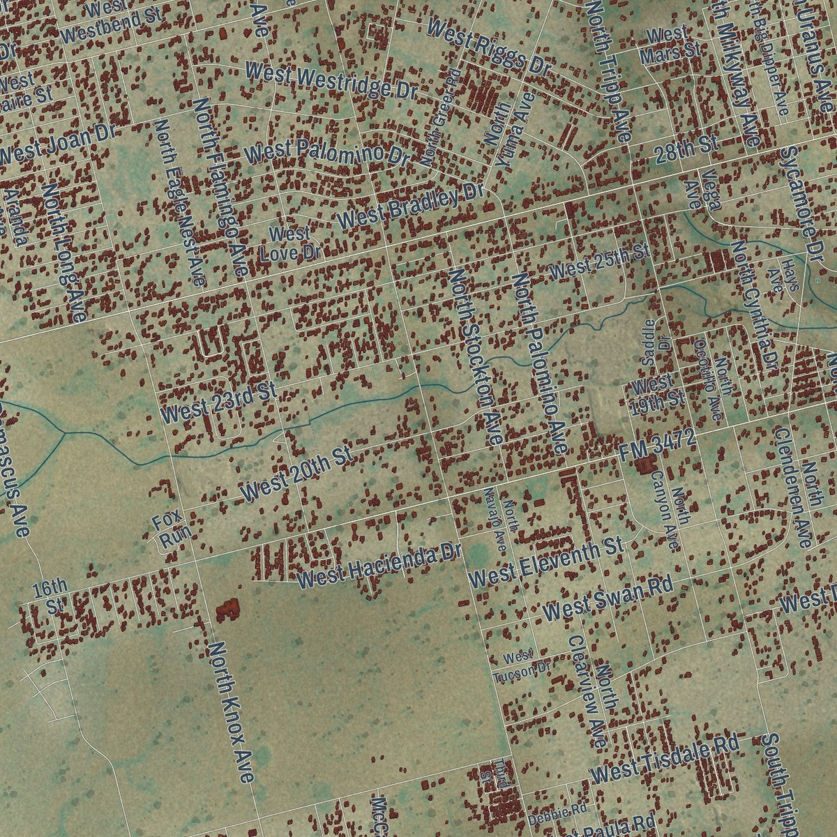 Close-up of the map of West Odessa, Texas print showing street and building detail