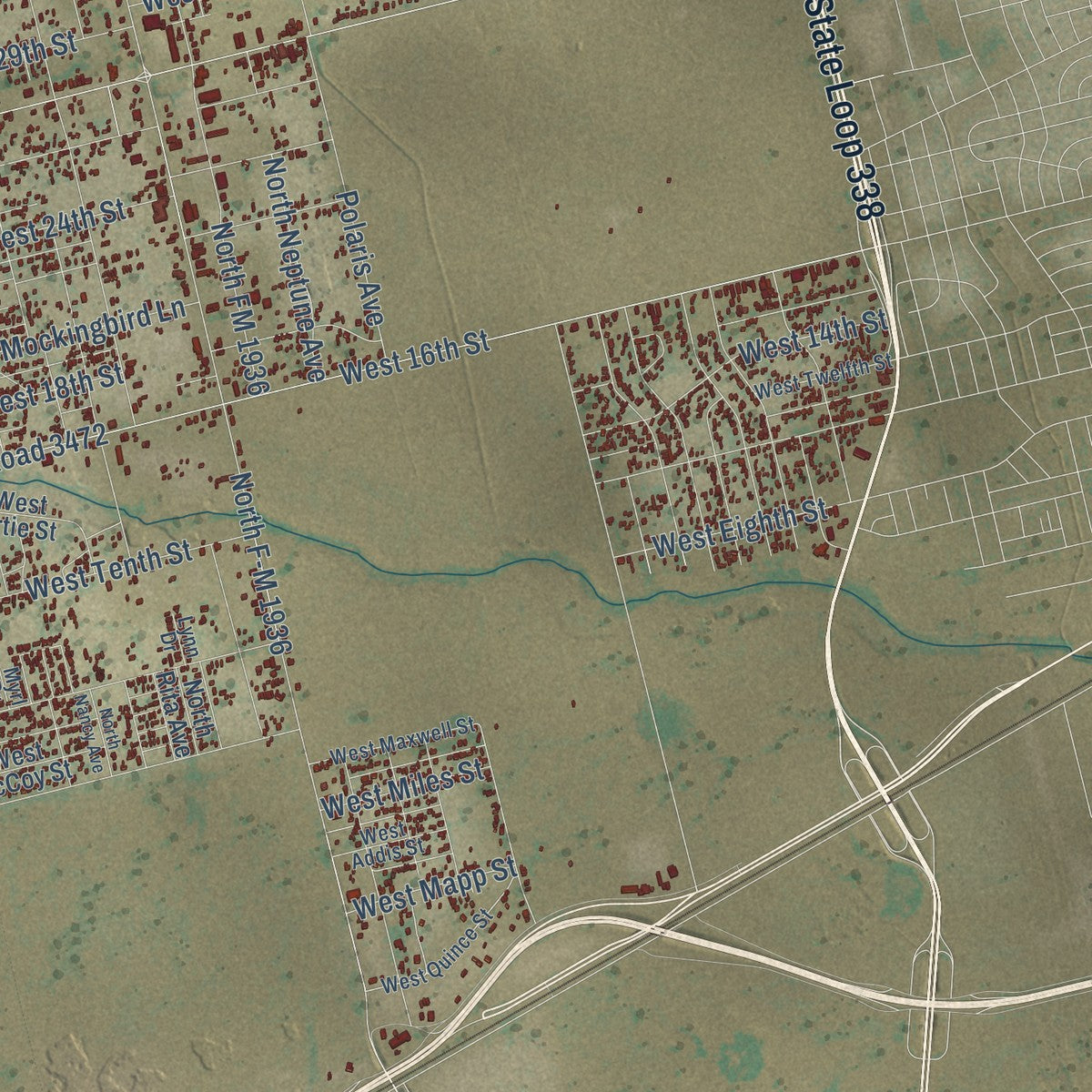 Second close-up of the map of West Odessa, Texas print showing more streets and buildings