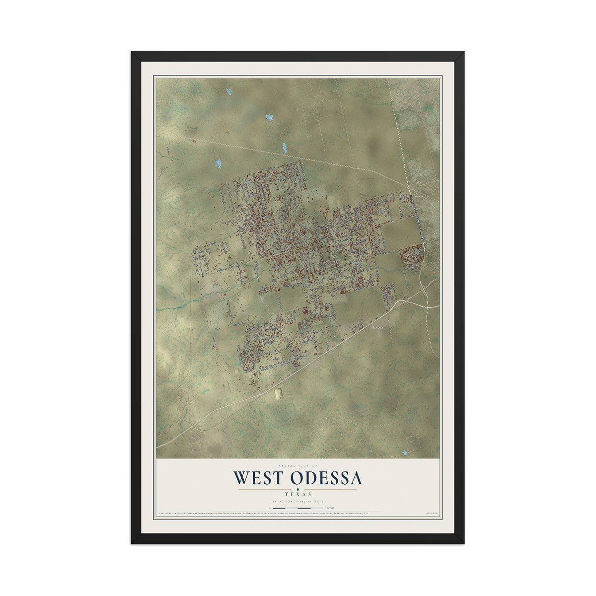 Map of West Odessa, Texas, 12 x 18 inch print in a black wood frame