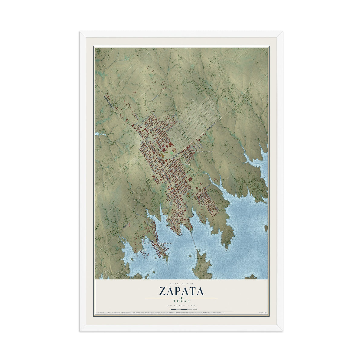 Map of Zapata, Texas, 12 x 18 inch print in a white wood frame