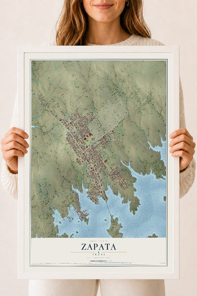 Map of Zapata, Texas, 18 x 24 inch print in a white wood frame