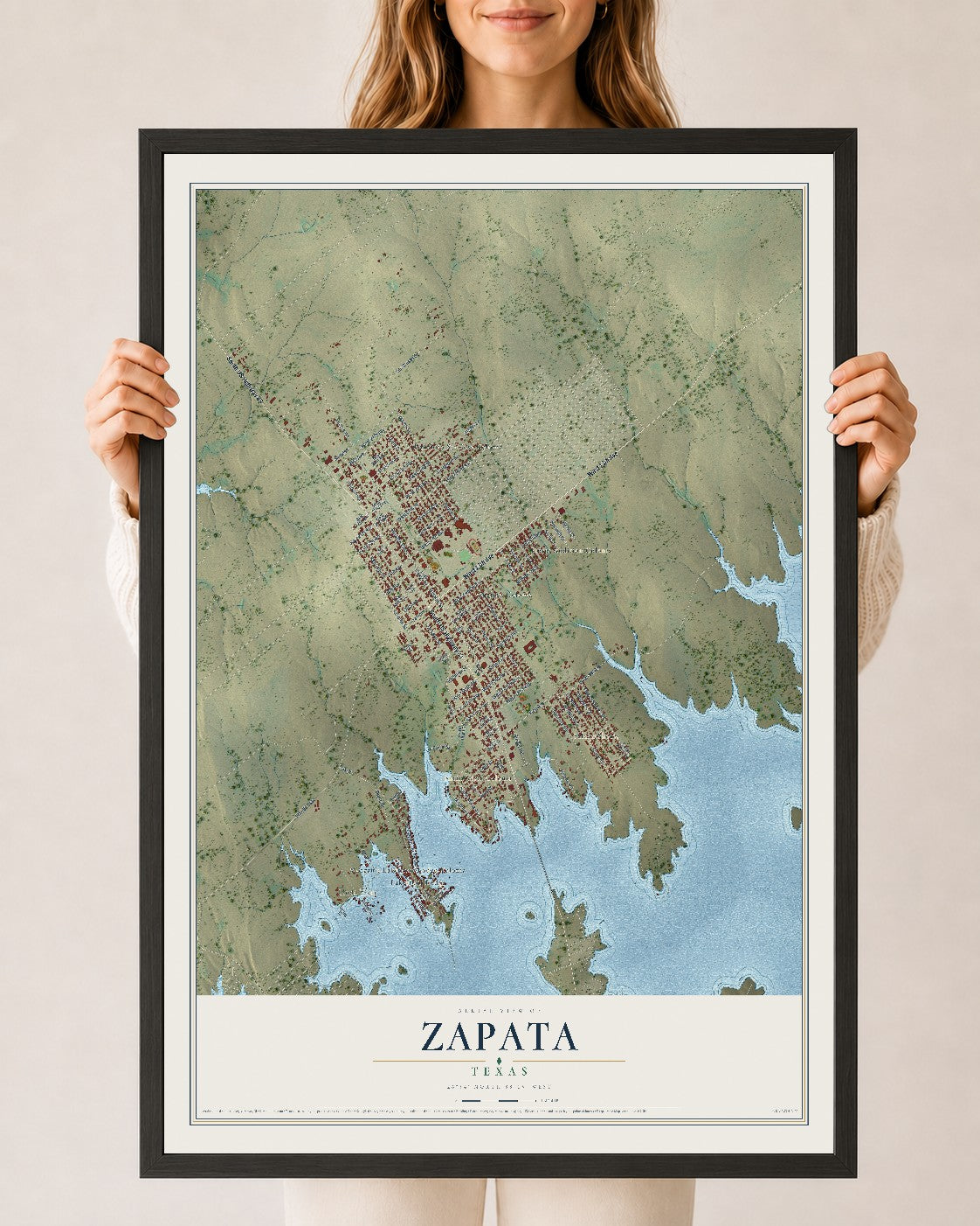 Map of Zapata, Texas, 24 x 36 inch print in a black wood frame