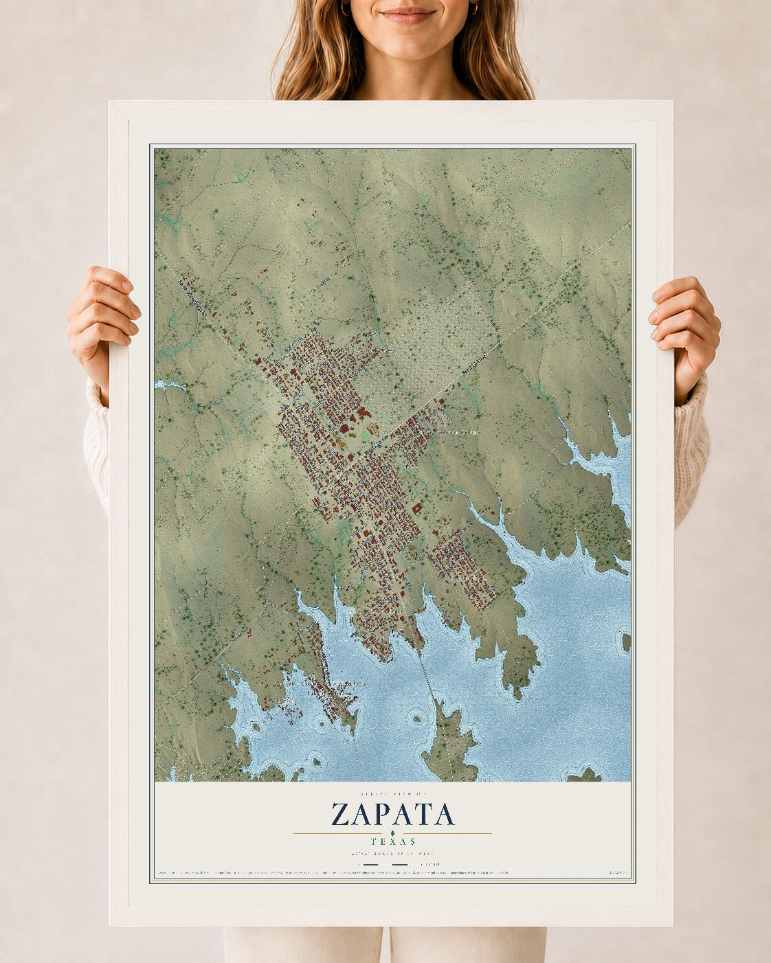 Map of Zapata, Texas, 24 x 36 inch print in a white wood frame