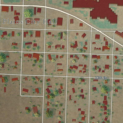 Close-up of the map of Plains, Texas print showing street and building detail