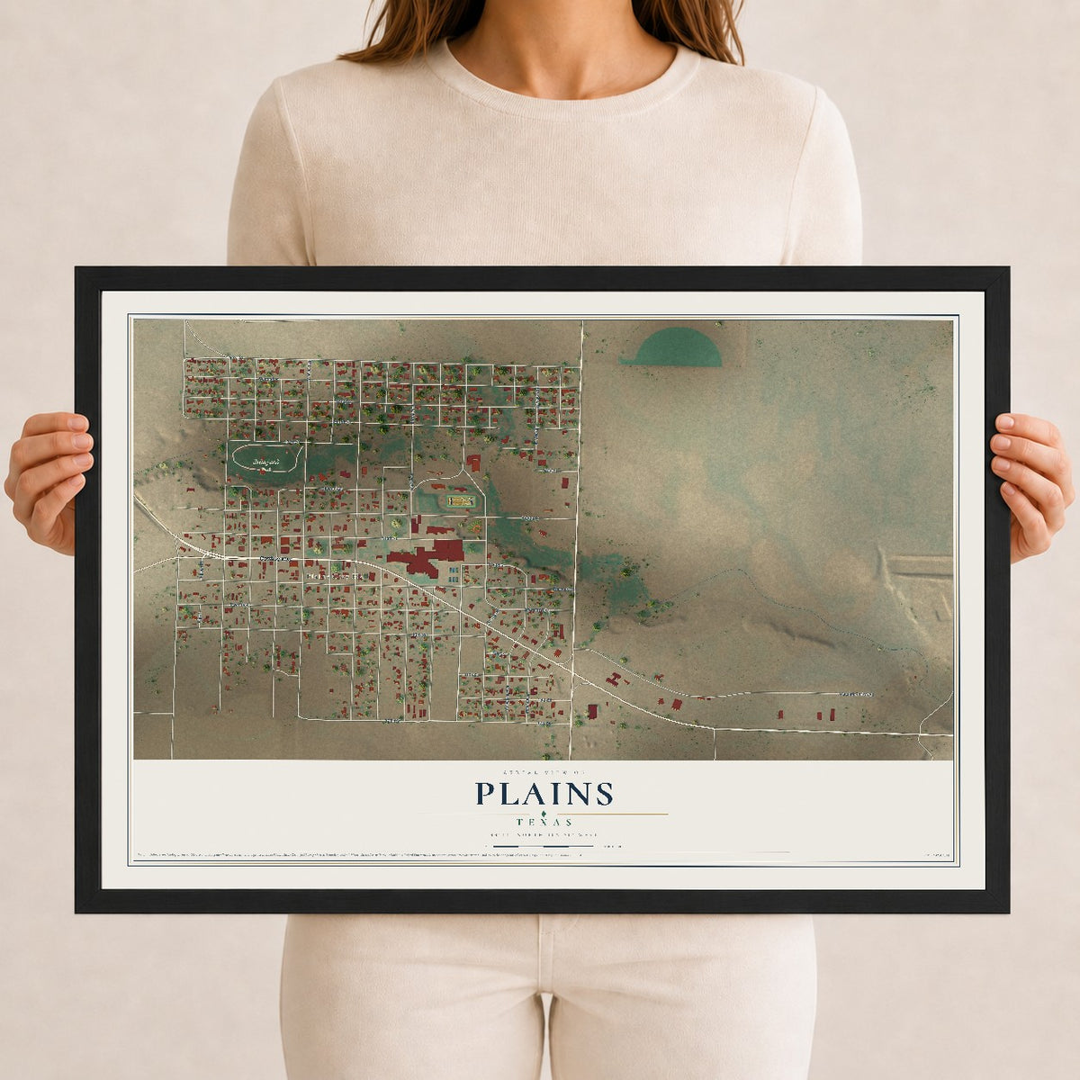 Map of Plains, Texas, 12 x 18 inch print in a black wood frame