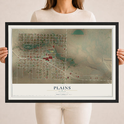 Map of Plains, Texas, 18 x 24 inch print in a black wood frame