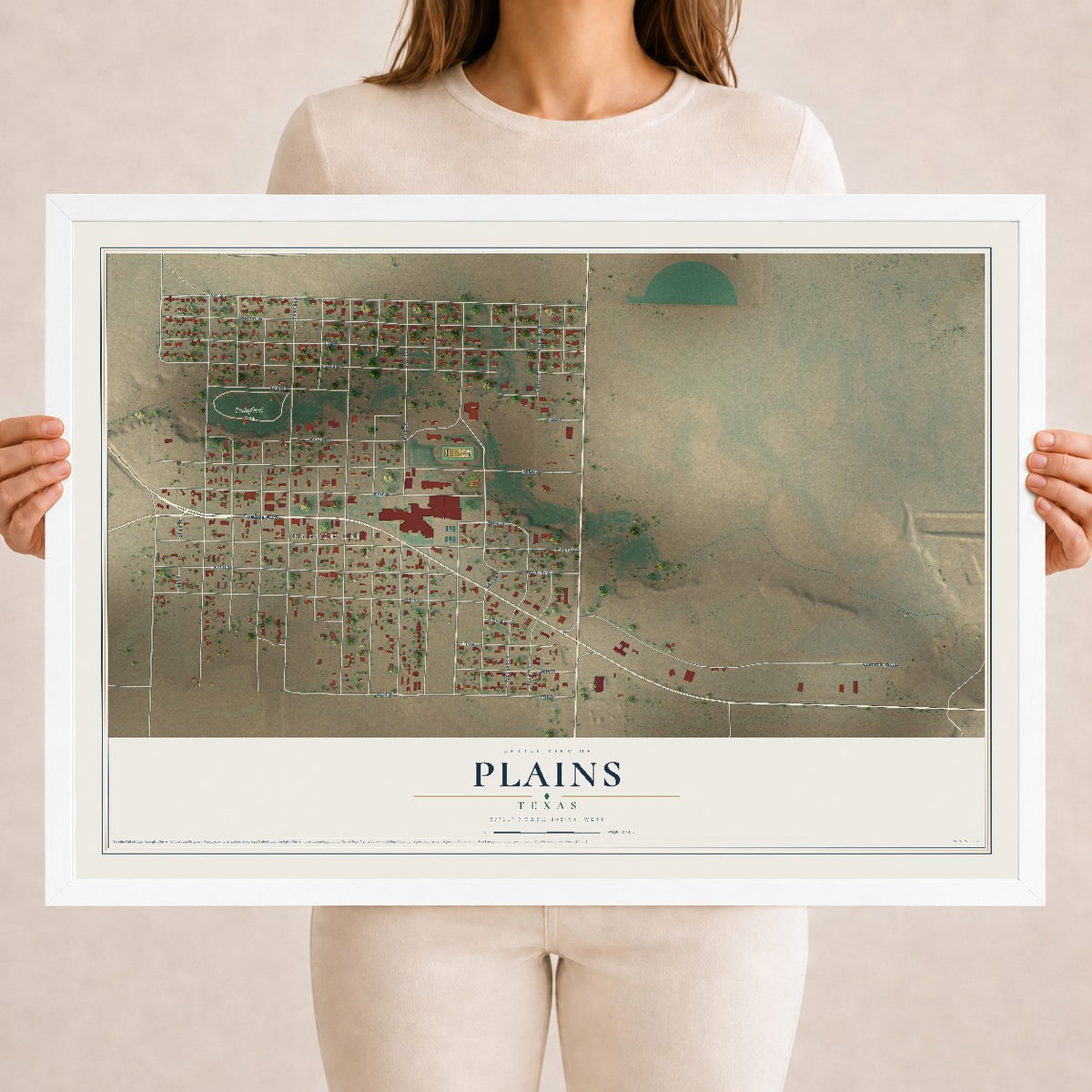 Map of Plains, Texas, 18 x 24 inch print in a white wood frame