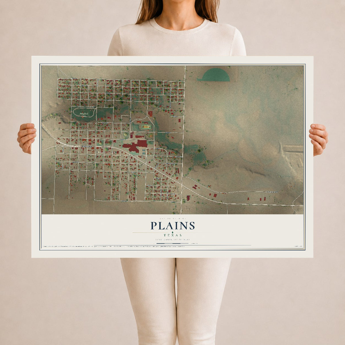 Map of Plains, Texas, 24 x 36 inch unframed archival matte print