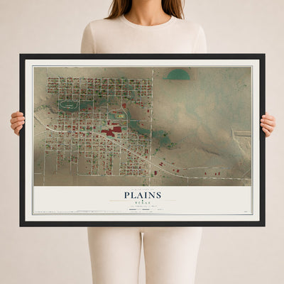 Map of Plains, Texas, 24 x 36 inch print in a black wood frame