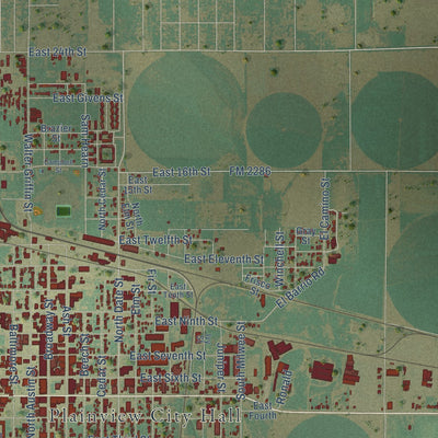 Second close-up of the map of Plainview, Texas print showing more streets and buildings