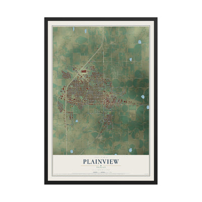 Map of Plainview, Texas, 12 x 18 inch print in a black wood frame