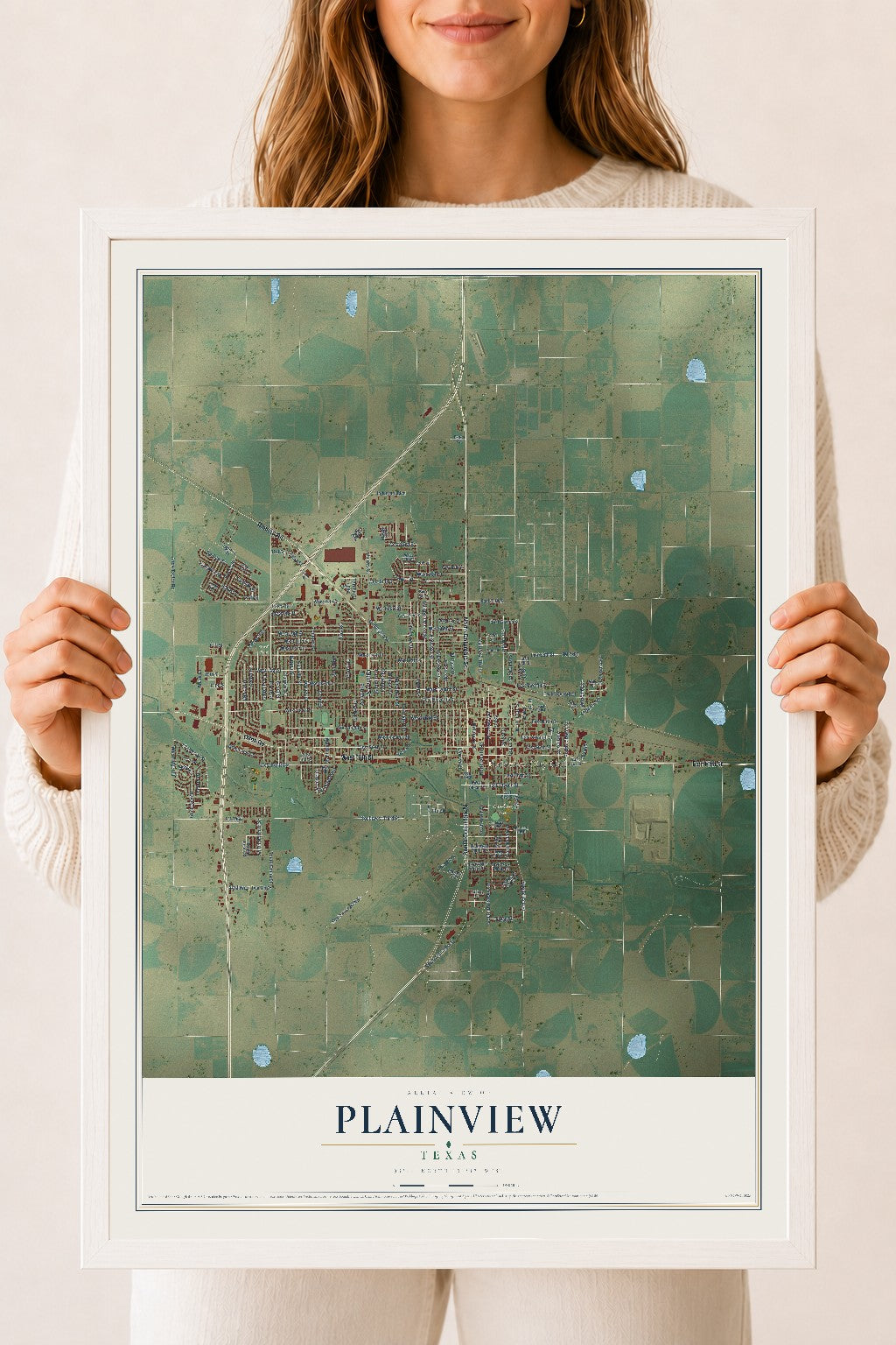 Map of Plainview, Texas, 18 x 24 inch print in a white wood frame