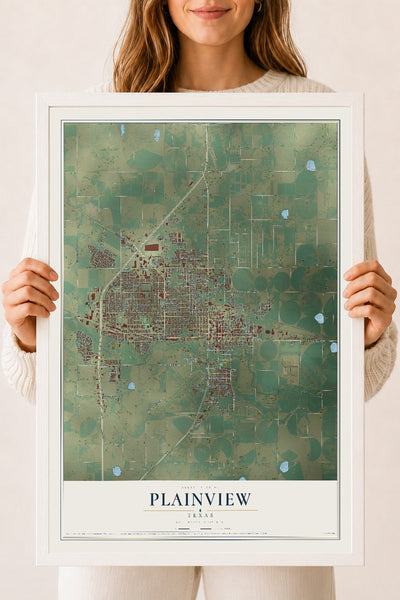 Map of Plainview, Texas, 18 x 24 inch print in a white wood frame