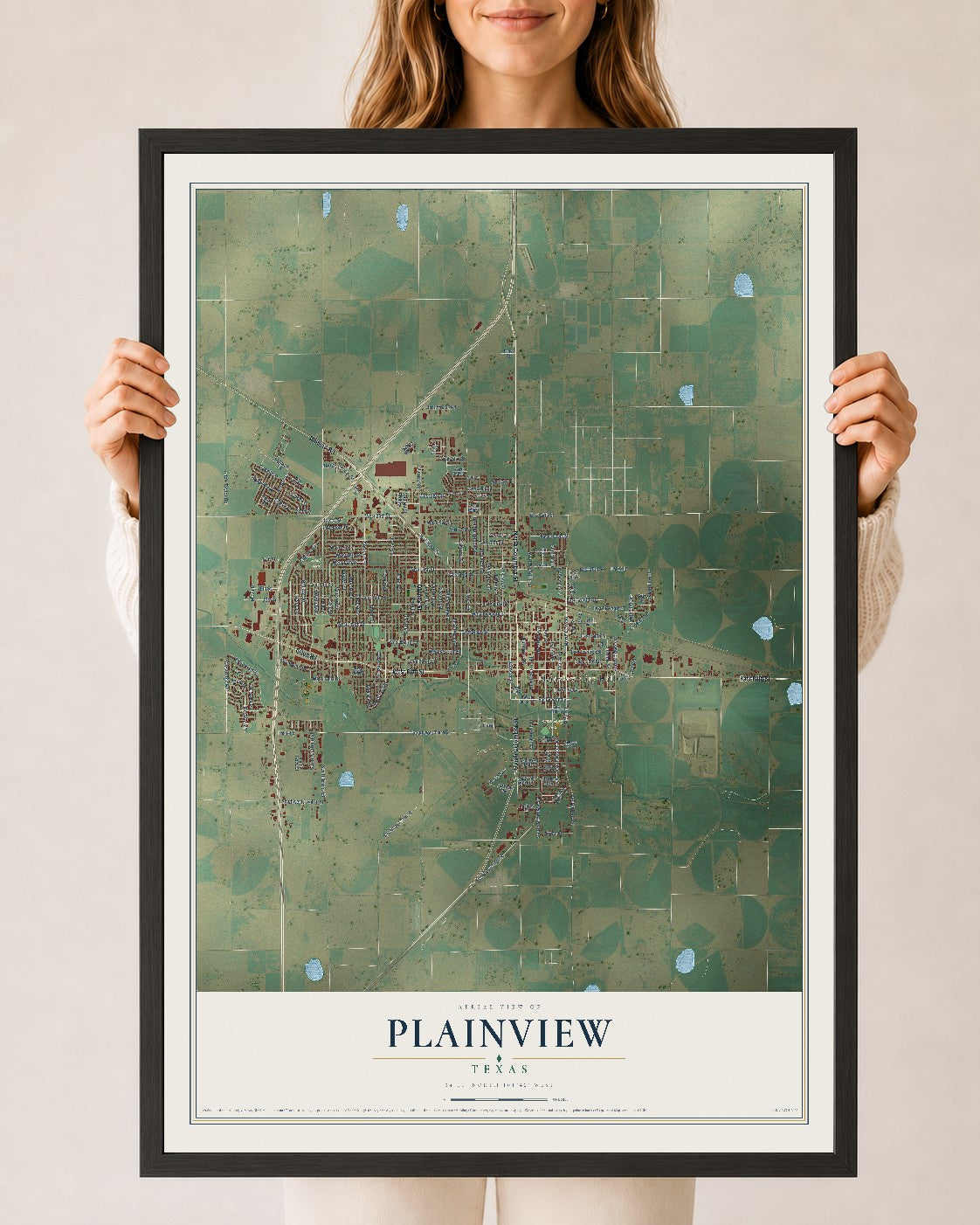Map of Plainview, Texas, 24 x 36 inch print in a black wood frame