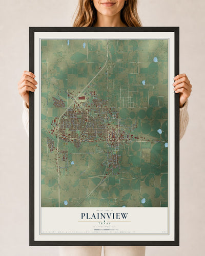 Map of Plainview, Texas, 24 x 36 inch print in a black wood frame