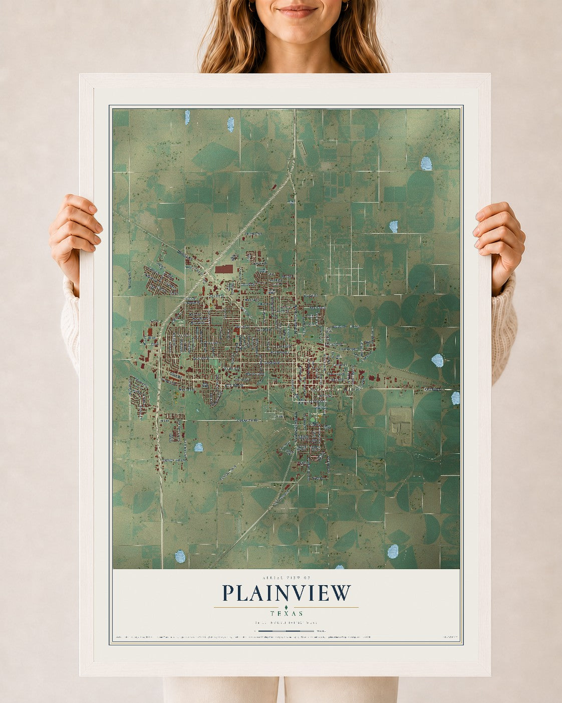 Map of Plainview, Texas, 24 x 36 inch print in a white wood frame