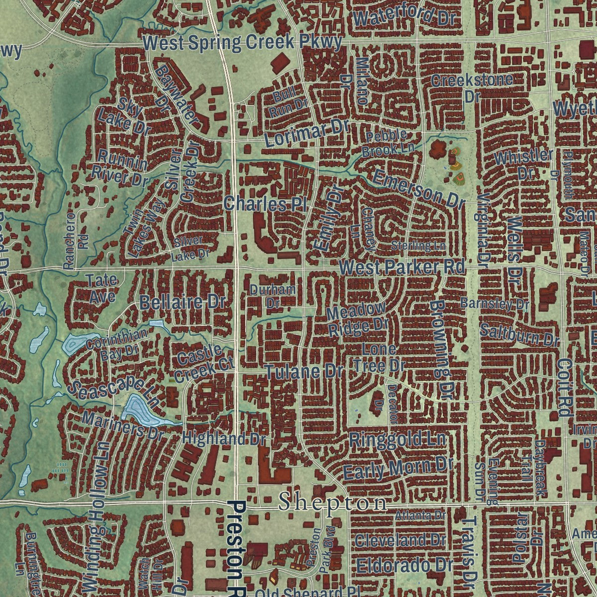 Close-up of the map of Plano, Texas print showing street and building detail
