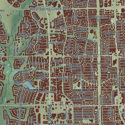 Close-up of the map of Plano, Texas print showing street and building detail