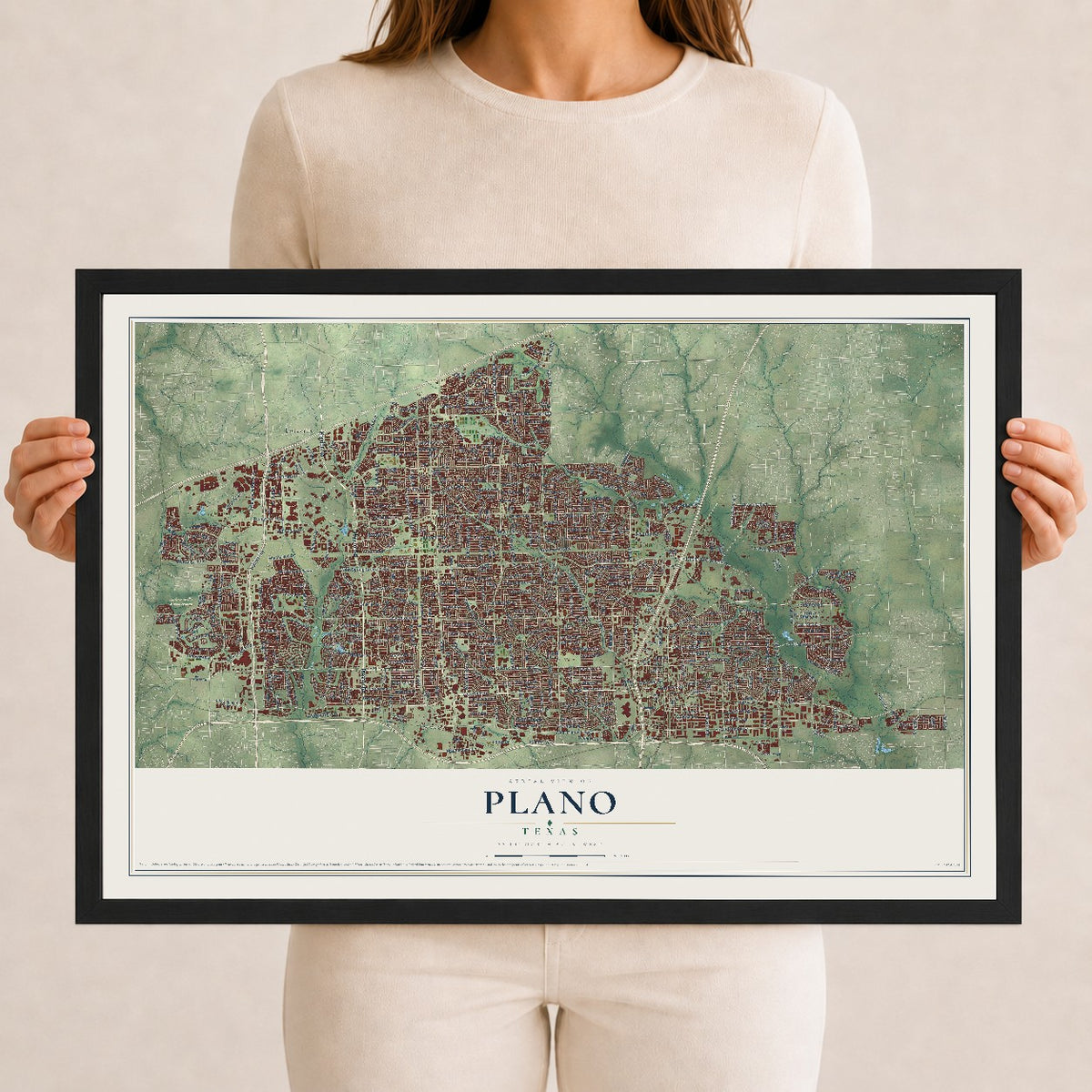 Map of Plano, Texas, 12 x 18 inch print in a black wood frame