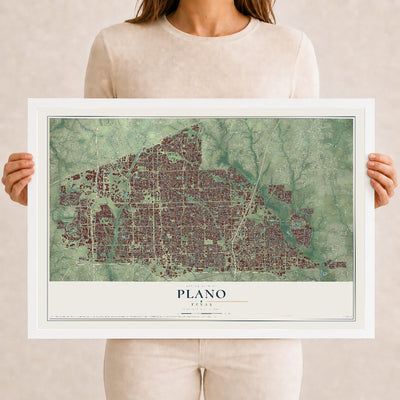 Map of Plano, Texas, 12 x 18 inch print in a white wood frame