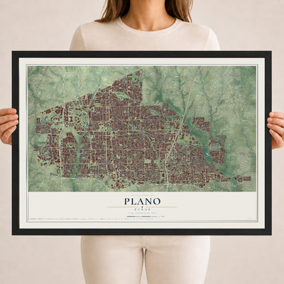 Map of Plano, Texas, 18 x 24 inch print in a black wood frame