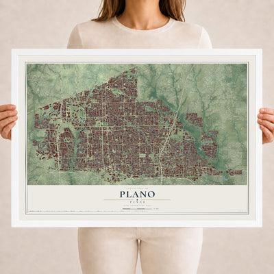 Map of Plano, Texas, 18 x 24 inch print in a white wood frame