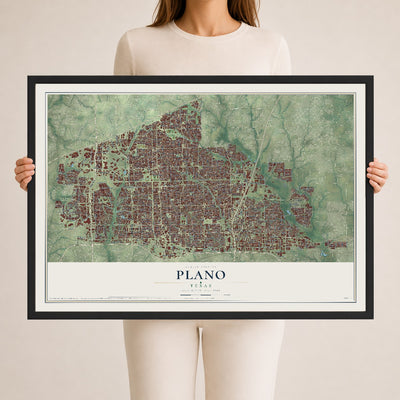 Map of Plano, Texas, 24 x 36 inch print in a black wood frame