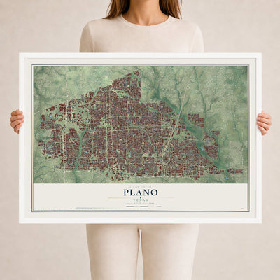 Map of Plano, Texas, 24 x 36 inch print in a white wood frame