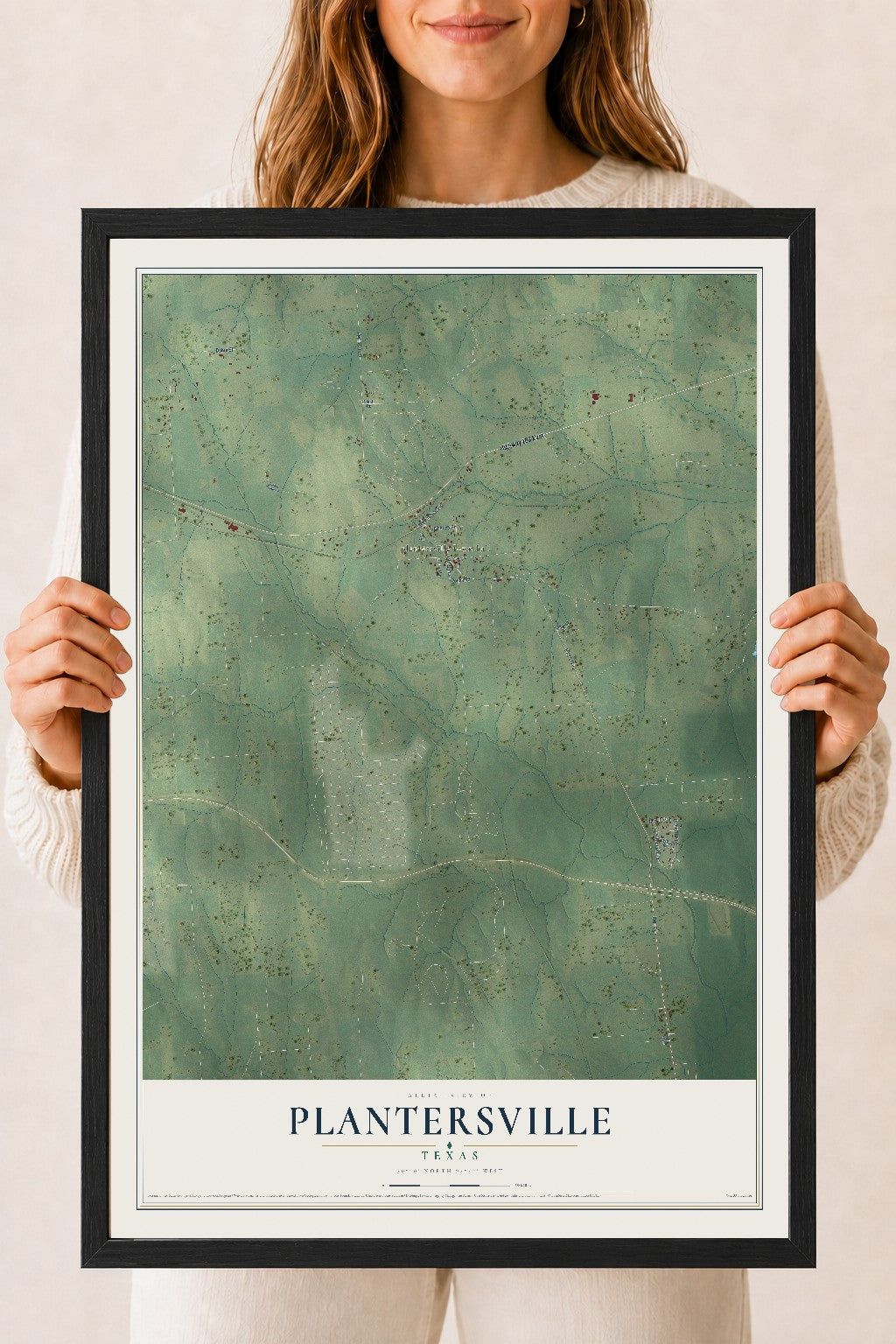 Map of Plantersville, Texas, 18 x 24 inch print in a black wood frame